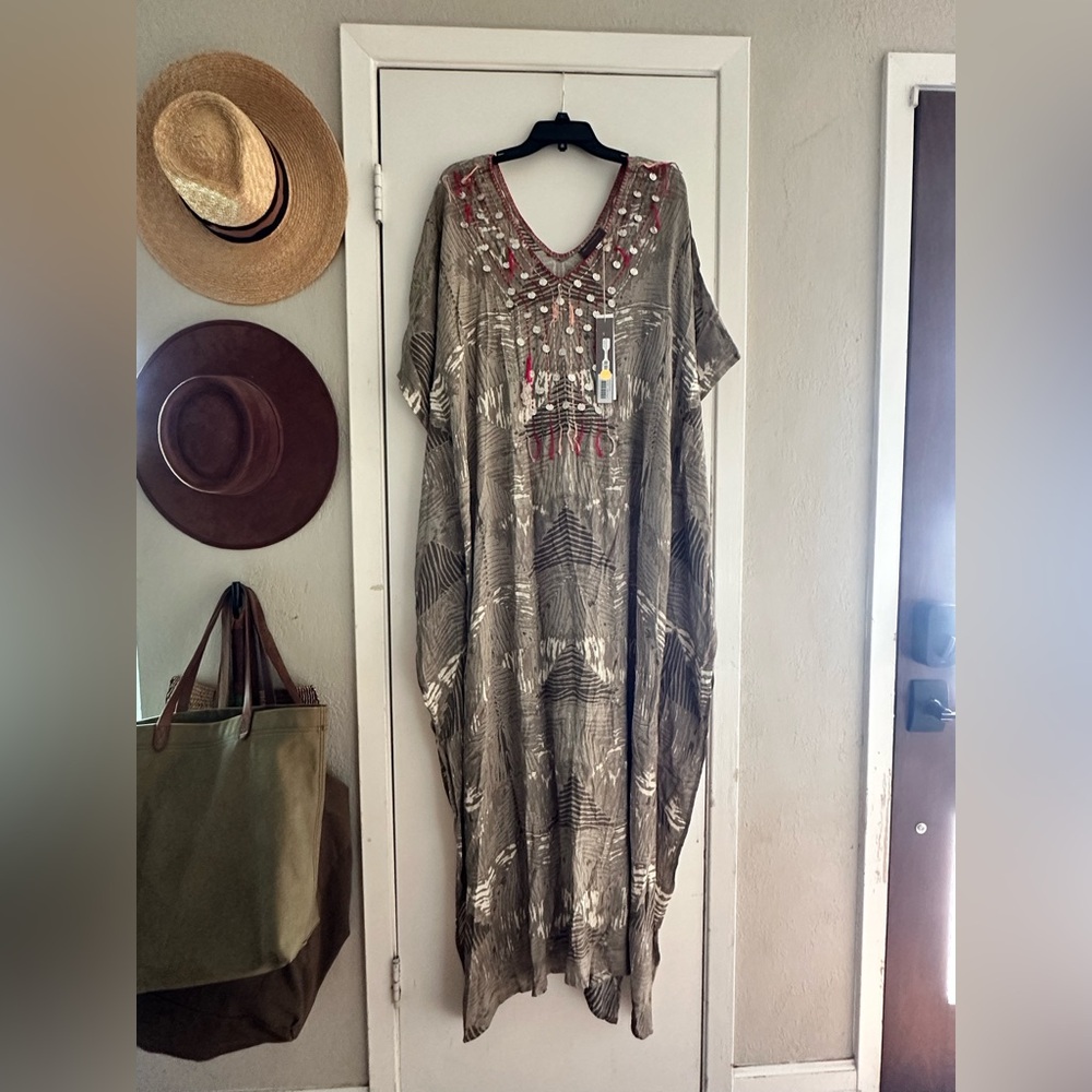Bohemian Embroidered Maxi Dress in Gray and Red